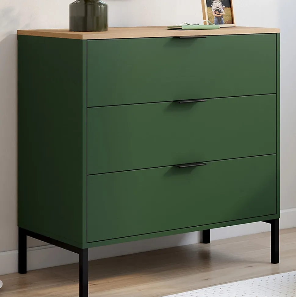 Commode 3 tiroirs KELIA 80 cm vert kaki et plateau bois