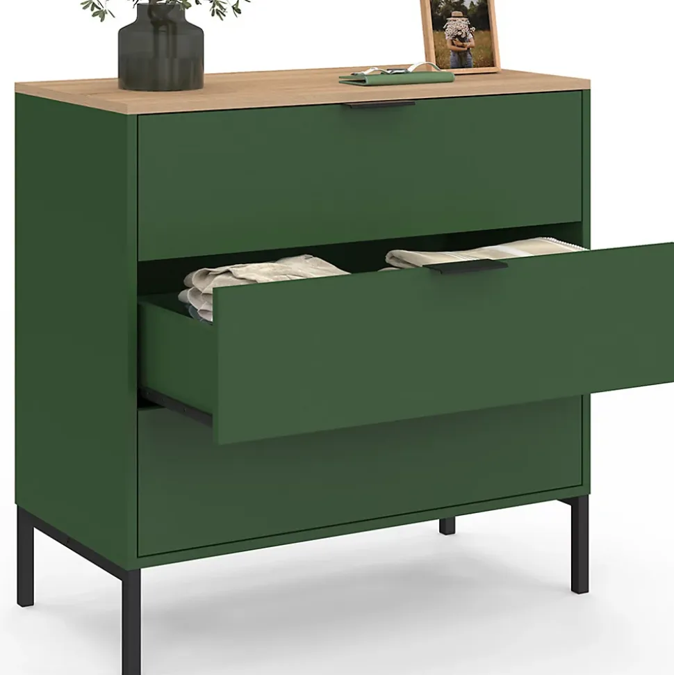 Commode 3 tiroirs KELIA 80 cm vert kaki et plateau bois