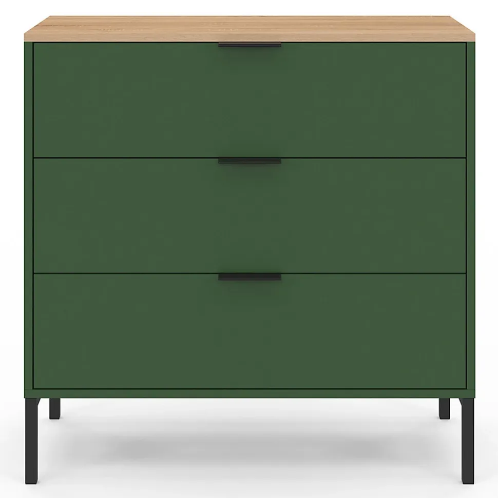 Commode 3 tiroirs KELIA 80 cm vert kaki et plateau bois