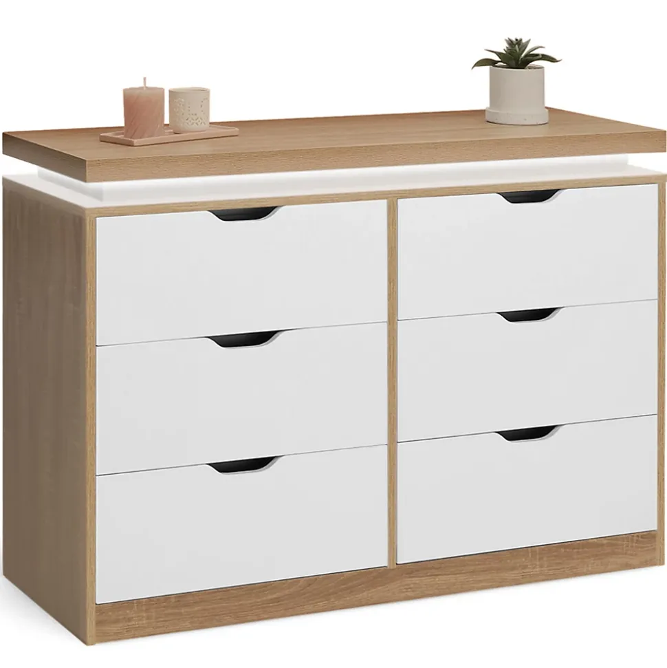 Commode 6 tiroirs LUNA à LEDS 115 cm blanc et effet bois