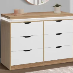 Commode 6 tiroirs LUNA à LEDS 115 cm blanc et effet bois