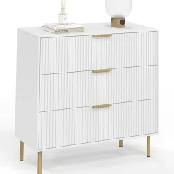 Commode 3 tiroirs MARCEL 80 cm lattes blanc et doré