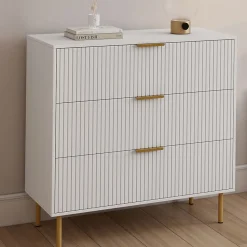 Commode 3 tiroirs MARCEL 80 cm lattes blanc et doré