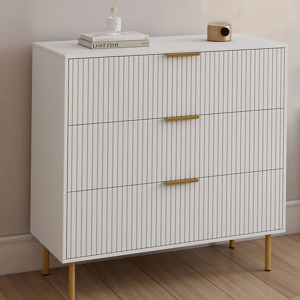 Commode 3 tiroirs MARCEL 80 cm lattes blanc et doré