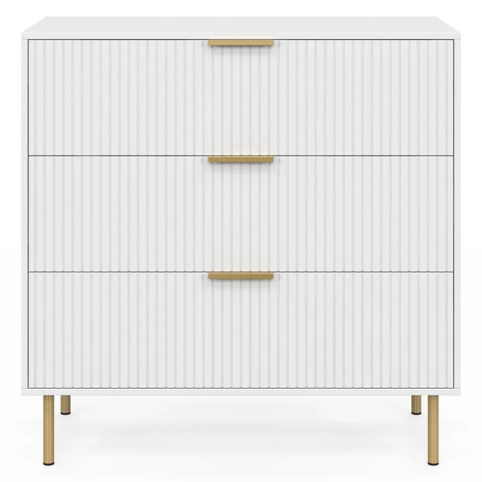 Commode 3 tiroirs MARCEL 80 cm lattes blanc et doré