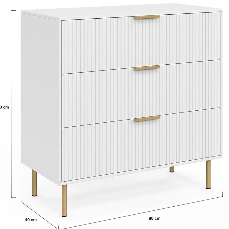 Commode 3 tiroirs MARCEL 80 cm lattes blanc et doré
