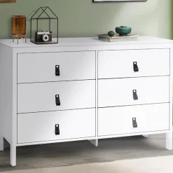 Commode 6 tiroirs MILANO 115 cm bois blanc avec poignée languette noire