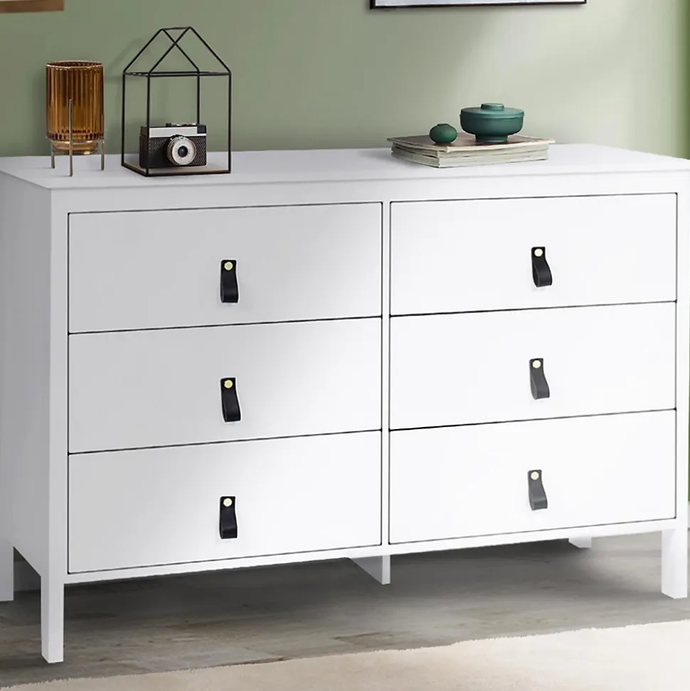 Commode 6 tiroirs MILANO 115 cm bois blanc avec poignée languette noire