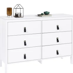 Commode 6 tiroirs MILANO 115 cm bois blanc avec poignée languette noire