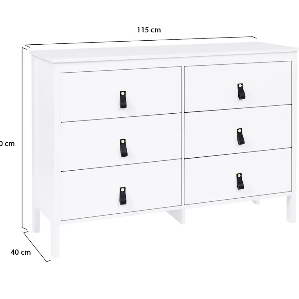Commode 6 tiroirs MILANO 115 cm bois blanc avec poignée languette noire