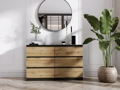 Commode 6 Tiroirs, Noir / Chêne Wotan, 120 X 39 X 78 Cm