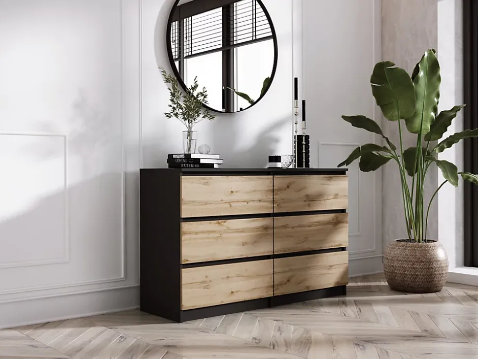 Commode 6 Tiroirs, Noir / Chêne Wotan, 120 X 39 X 78 Cm