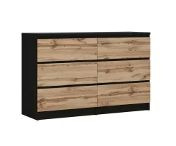 Commode 6 Tiroirs, Noir / Chêne Wotan, 120 X 39 X 78 Cm