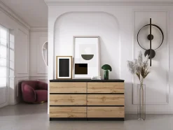 Commode 6 Tiroirs Noir / Wotan Chêne, 140 X 39 X 79 Cm