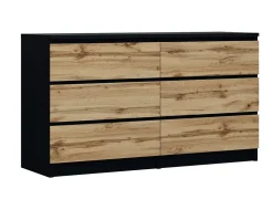 Commode 6 Tiroirs Noir / Wotan Chêne, 140 X 39 X 79 Cm