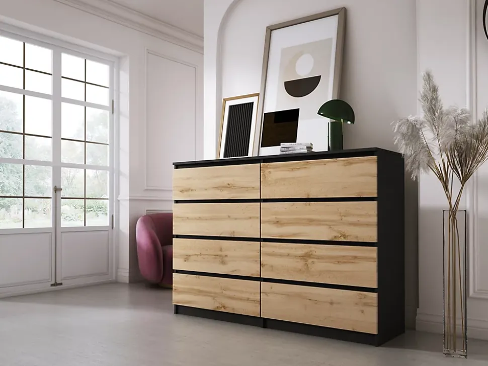 Commode 8 Tiroirs, Noir / Wotan Chêne, 140 X 101 X 39 Cm