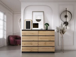 Commode 8 Tiroirs, Noir / Wotan Chêne, 140 X 101 X 39 Cm