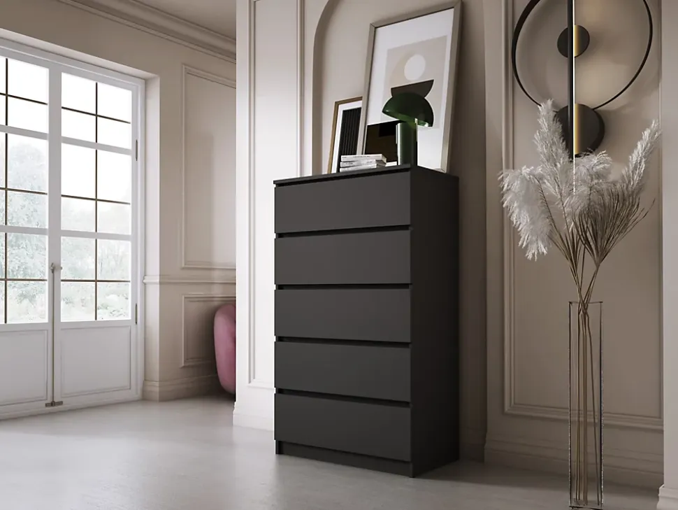 Commode 5 Tiroirs, Noir, 70 X 39 X 125 Cm
