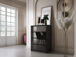 Commode 4 Tiroirs, Noir Mat / Noir Brillant, 70 X 39 X 101 Cm