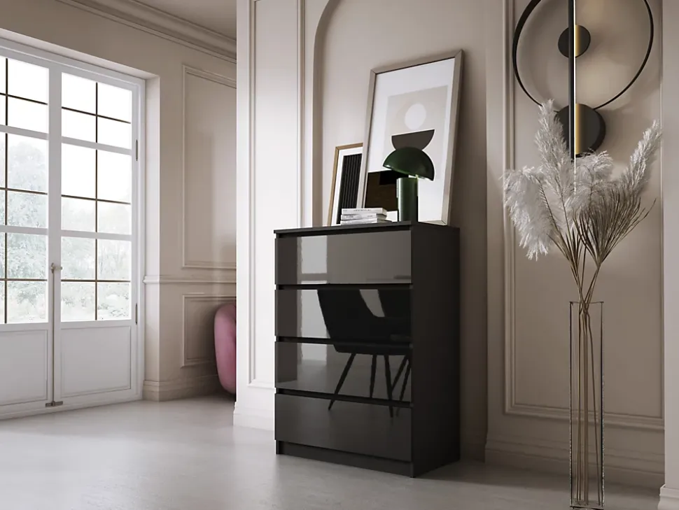 Commode 4 Tiroirs, Noir Mat / Noir Brillant, 70 X 39 X 101 Cm