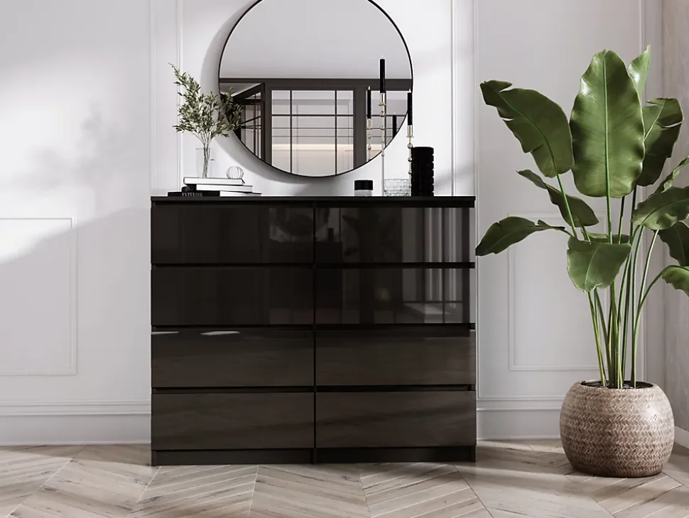 Commode 8 Tiroirs, Noir Mat / Noir Brillant, 120 X 39 X 101 Cm