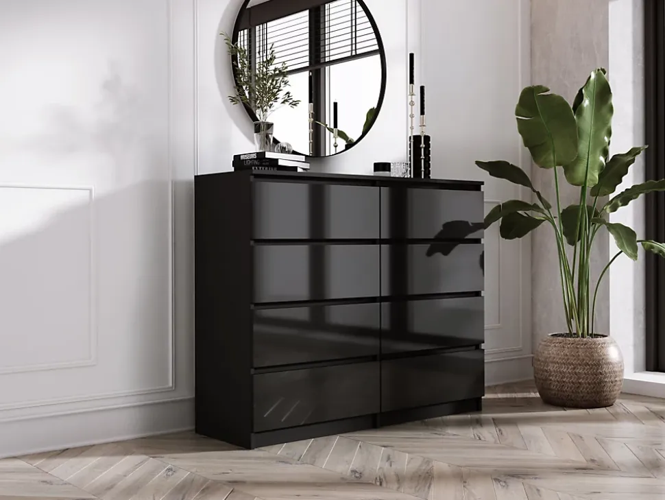 Commode 8 Tiroirs, Noir Mat / Noir Brillant, 120 X 39 X 101 Cm