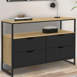 Commode 4 tiroirs noirs BOSTON 110 cm design industriel avec étagère