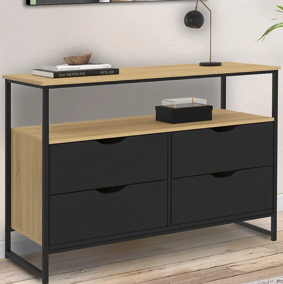 Commode 4 tiroirs noirs BOSTON 110 cm design industriel avec étagère