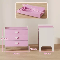 Commode 3 tiroirs pour enfant - commode design girly sur pieds bicolore blanc rose - 60 x 40 x 60 cm