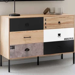 Commode 6 tiroirs SACRAMENTO 115 cm design industriel dépareillé