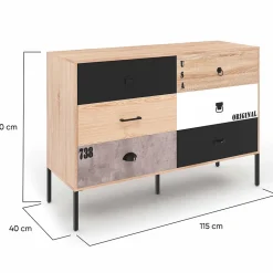 Commode 6 tiroirs SACRAMENTO 115 cm design industriel dépareillé