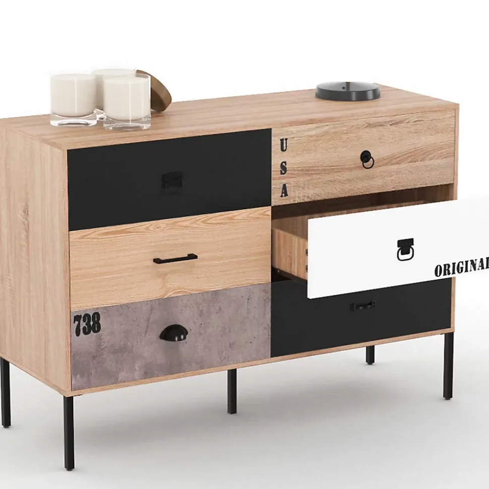 Commode 6 tiroirs SACRAMENTO 115 cm design industriel dépareillé