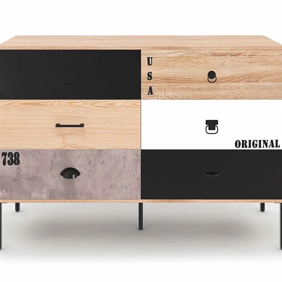 Commode 6 tiroirs SACRAMENTO 115 cm design industriel dépareillé