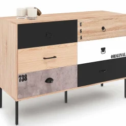 Commode 6 tiroirs SACRAMENTO 115 cm design industriel dépareillé