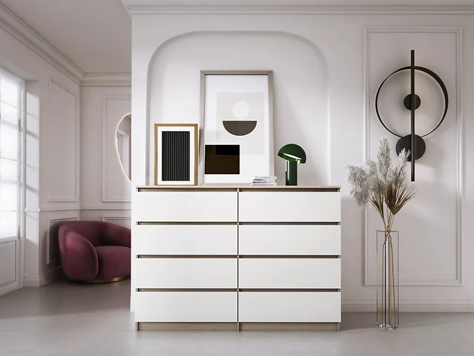 Commode 8 Tiroirs, Sonoma Chêne / Blanc, 140 X 101 X 39 Cm