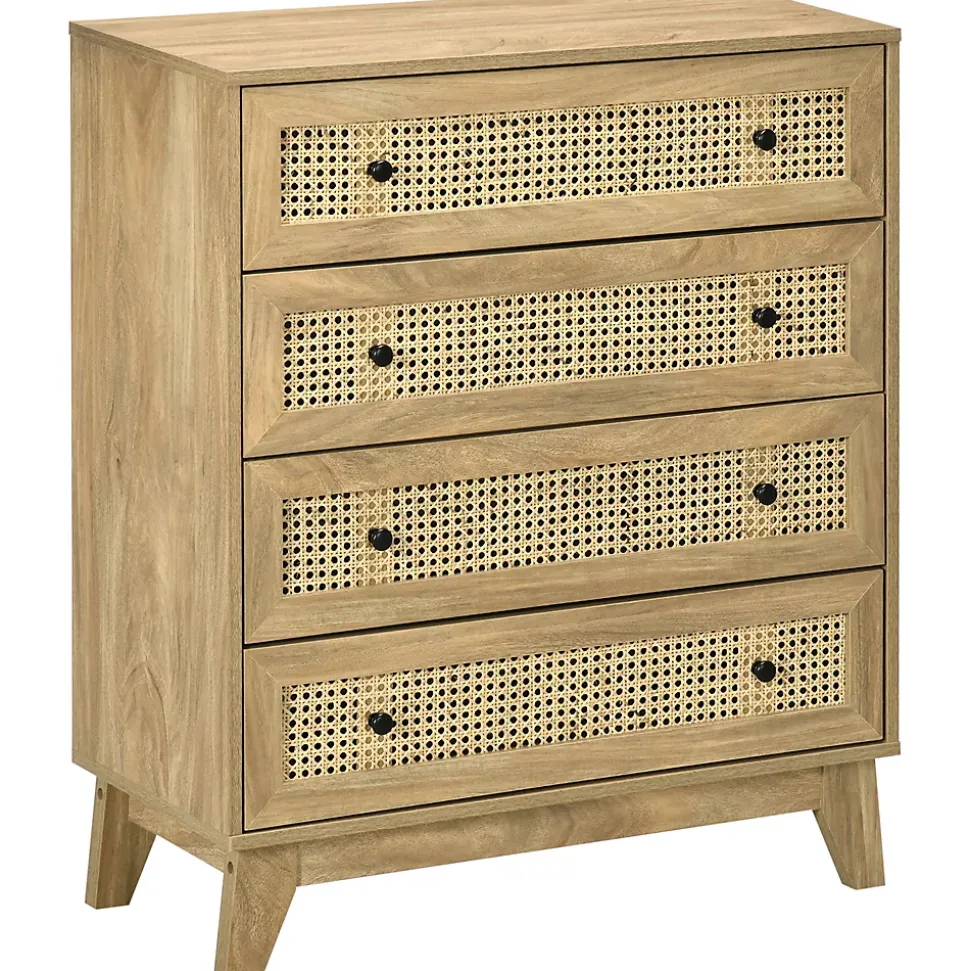 Commode 4 tiroirs style bohème chic cannage en rotin aspect bois de manguier