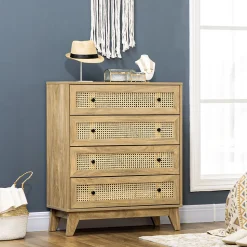 Commode 4 tiroirs style bohème chic cannage en rotin aspect bois de manguier