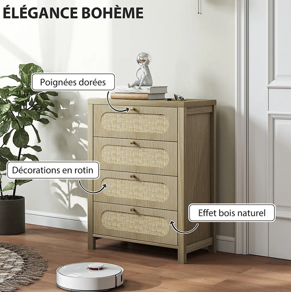 Commode 4 tiroirs style bohème effet rotin poignées métal doré 70 x 38 x 93 cm effet bois naturel