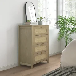 Commode 4 tiroirs style bohème effet rotin poignées métal doré 70 x 38 x 93 cm effet bois naturel