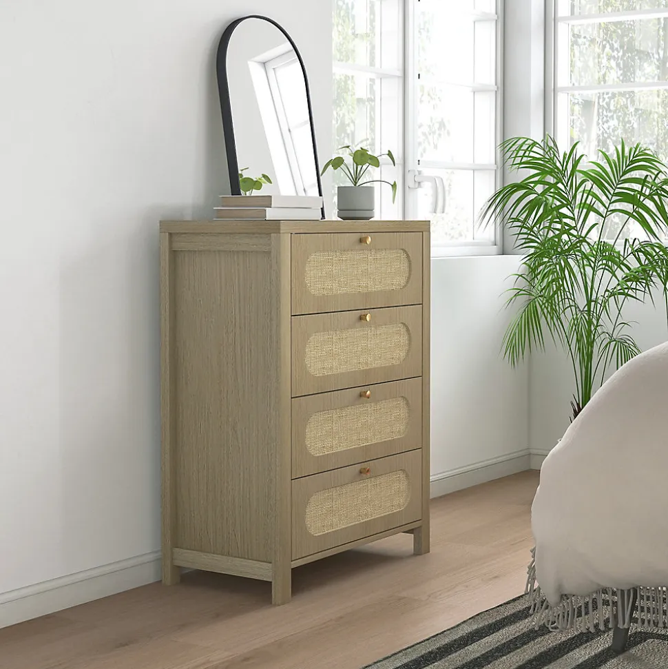 Commode 4 tiroirs style bohème effet rotin poignées métal doré 70 x 38 x 93 cm effet bois naturel