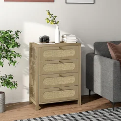 Commode 4 tiroirs style bohème effet rotin poignées métal doré 70 x 38 x 93 cm effet bois naturel