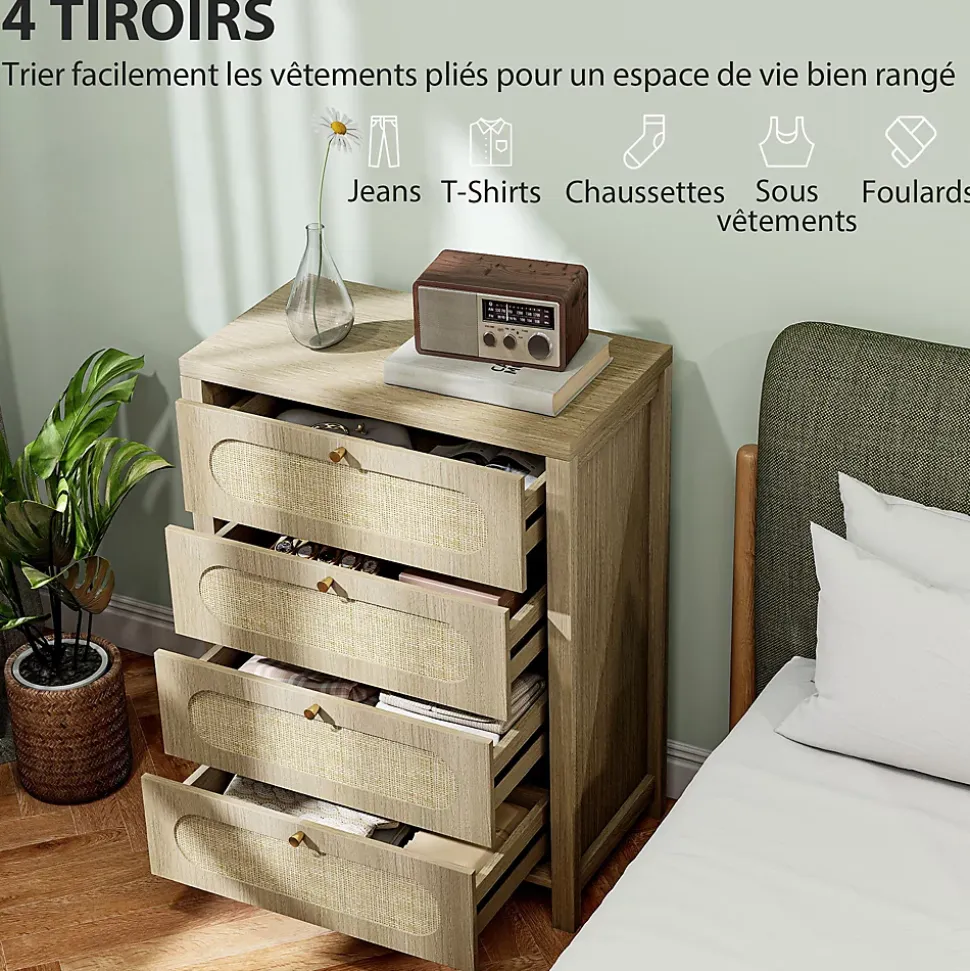 Commode 4 tiroirs style bohème effet rotin poignées métal doré 70 x 38 x 93 cm effet bois naturel