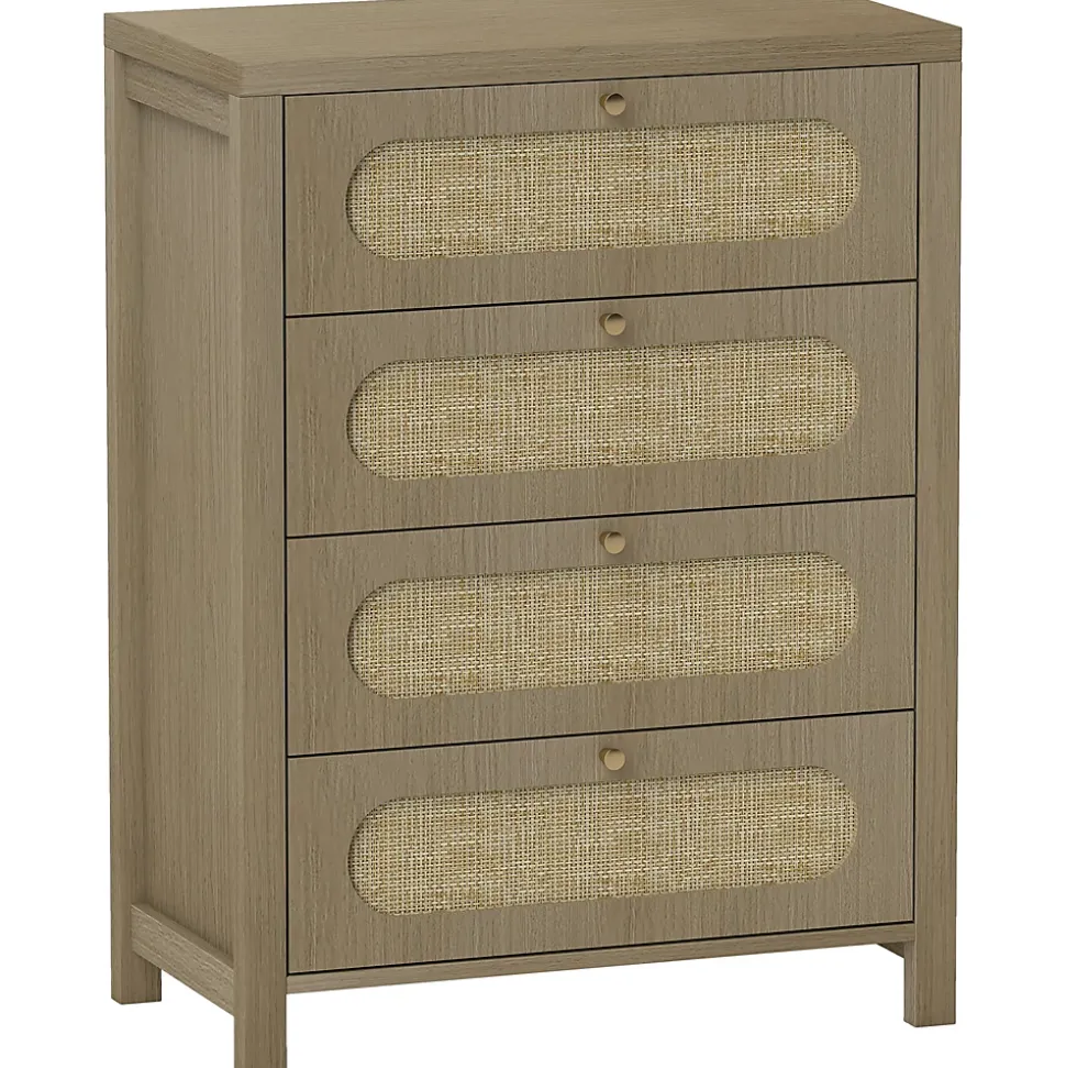 Commode 4 tiroirs style bohème effet rotin poignées métal doré 70 x 38 x 93 cm effet bois naturel