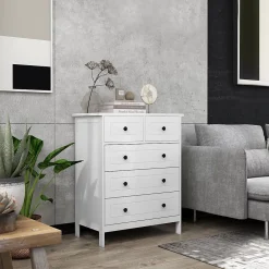 Commode 5 tiroirs style contemporain poignées boutons métal noir MDF panneaux blanc