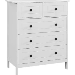 Commode 5 tiroirs style contemporain poignées boutons métal noir MDF panneaux blanc