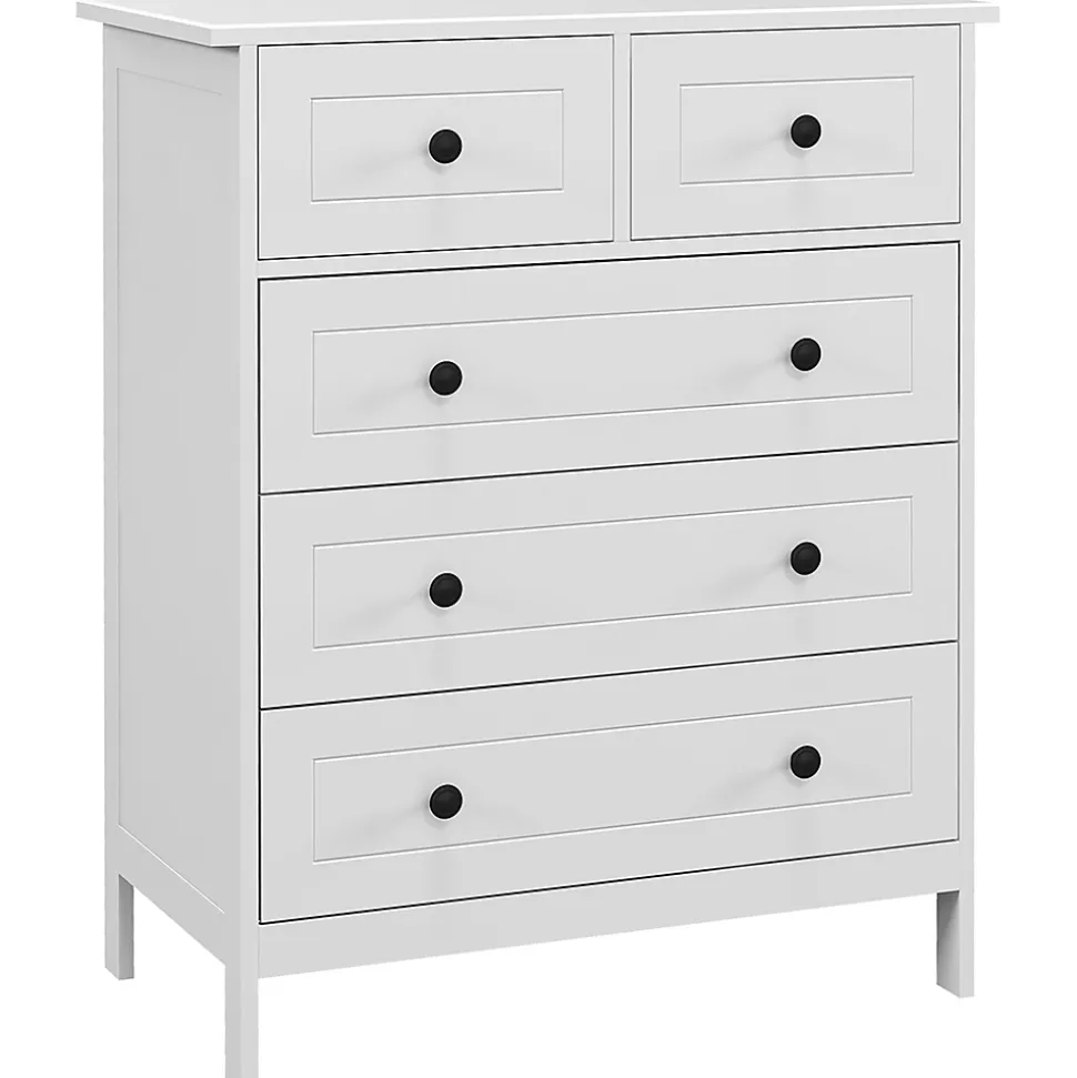 Commode 5 tiroirs style contemporain poignées boutons métal noir MDF panneaux blanc