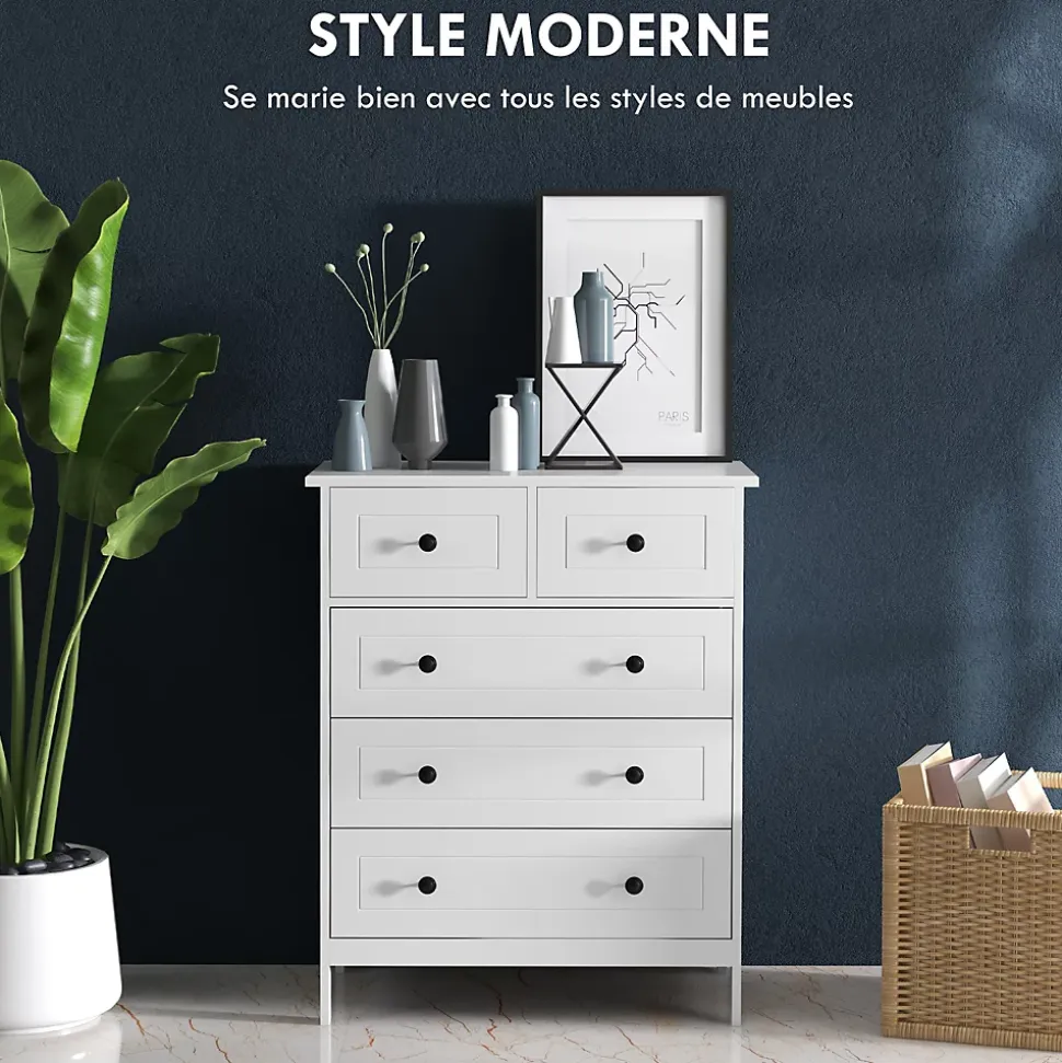 Commode 5 tiroirs style contemporain poignées boutons métal noir MDF panneaux blanc