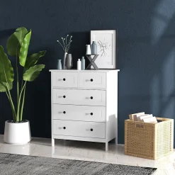 Commode 5 tiroirs style contemporain poignées boutons métal noir MDF panneaux blanc