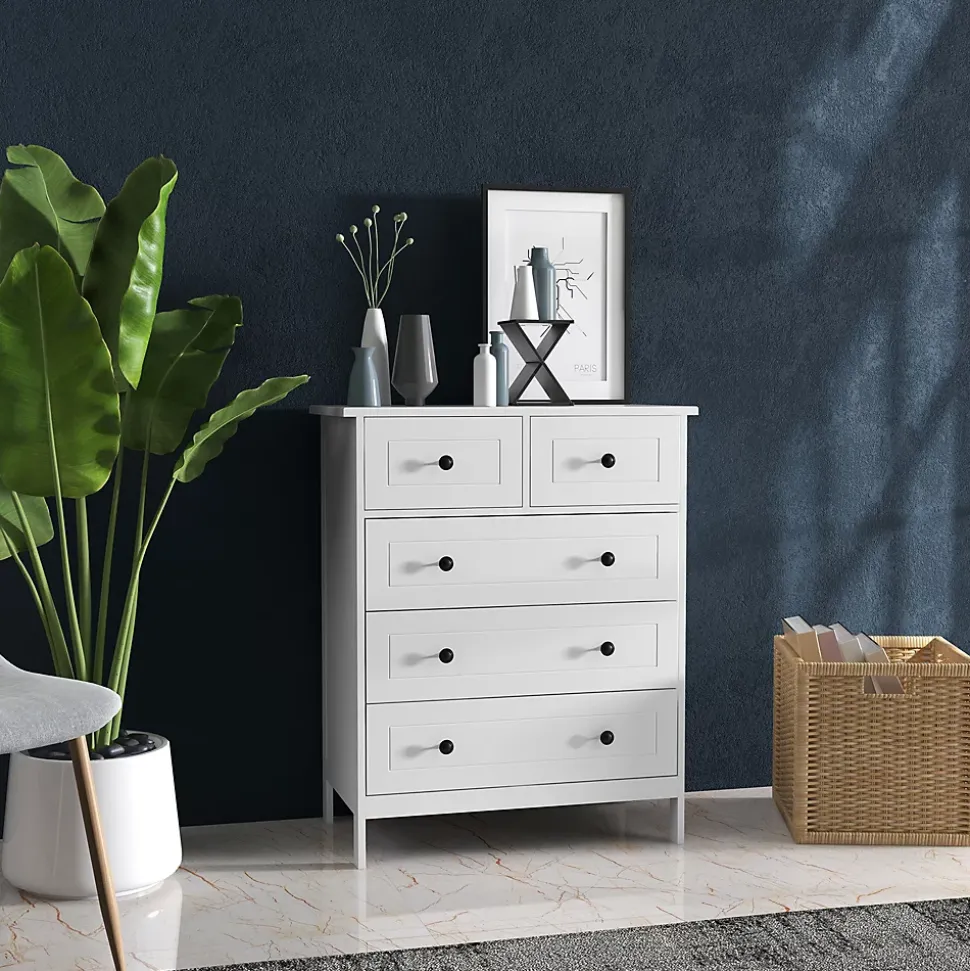 Commode 5 tiroirs style contemporain poignées boutons métal noir MDF panneaux blanc