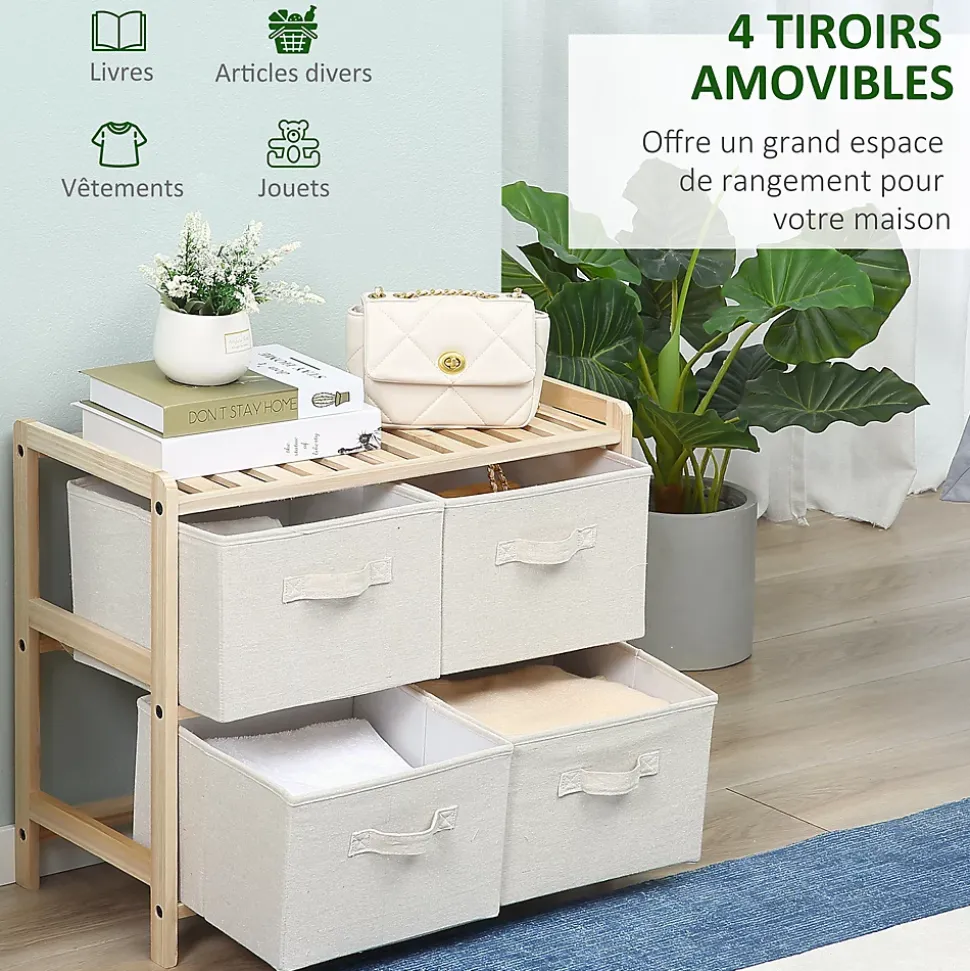 Commode 4 tiroirs tissu polyester beige dim. 59L x 28l x 50H cm bois sapin
